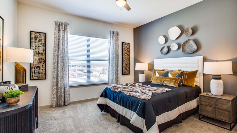 Bright bedroom with ceiling fan