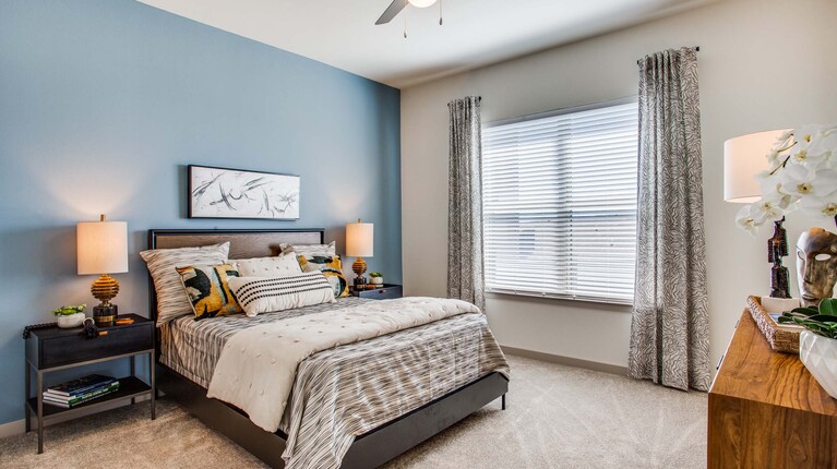 Spacious bedroom with ceiling fan