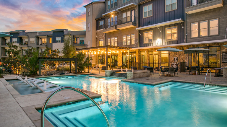 Resort-style pool at dusk