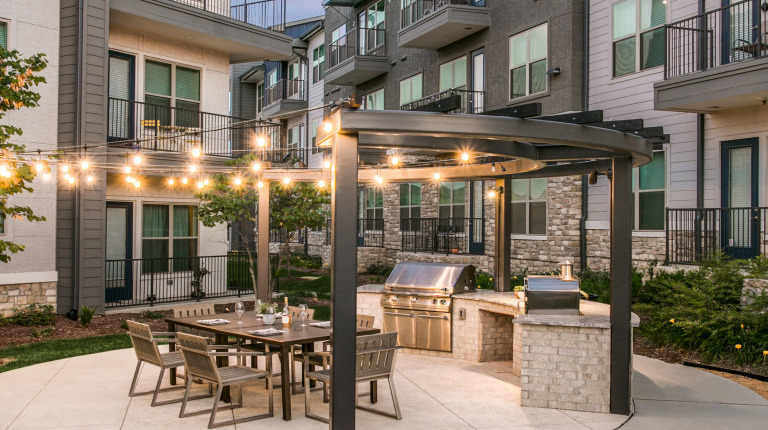 Outdoor dining area at dusk