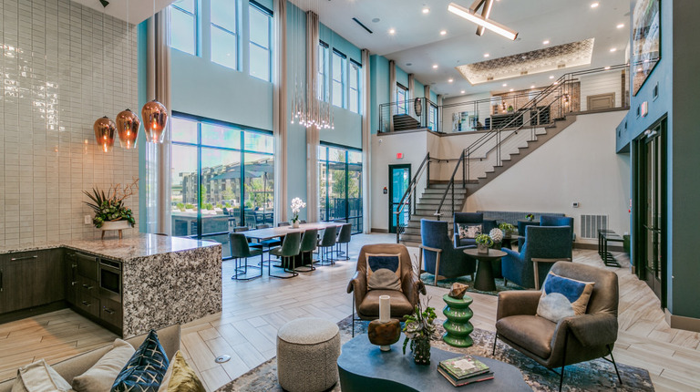 Spacious resident lounge with cozy seating areas